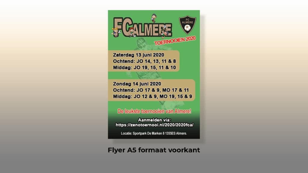 Toernooien FC Almere 2020 - Flyer A5 voorkant - Boxsol promotie materiaal